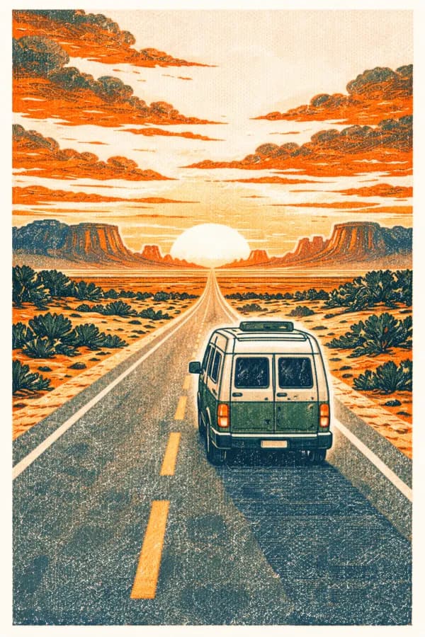 Illustrated van driving into a desert sunset