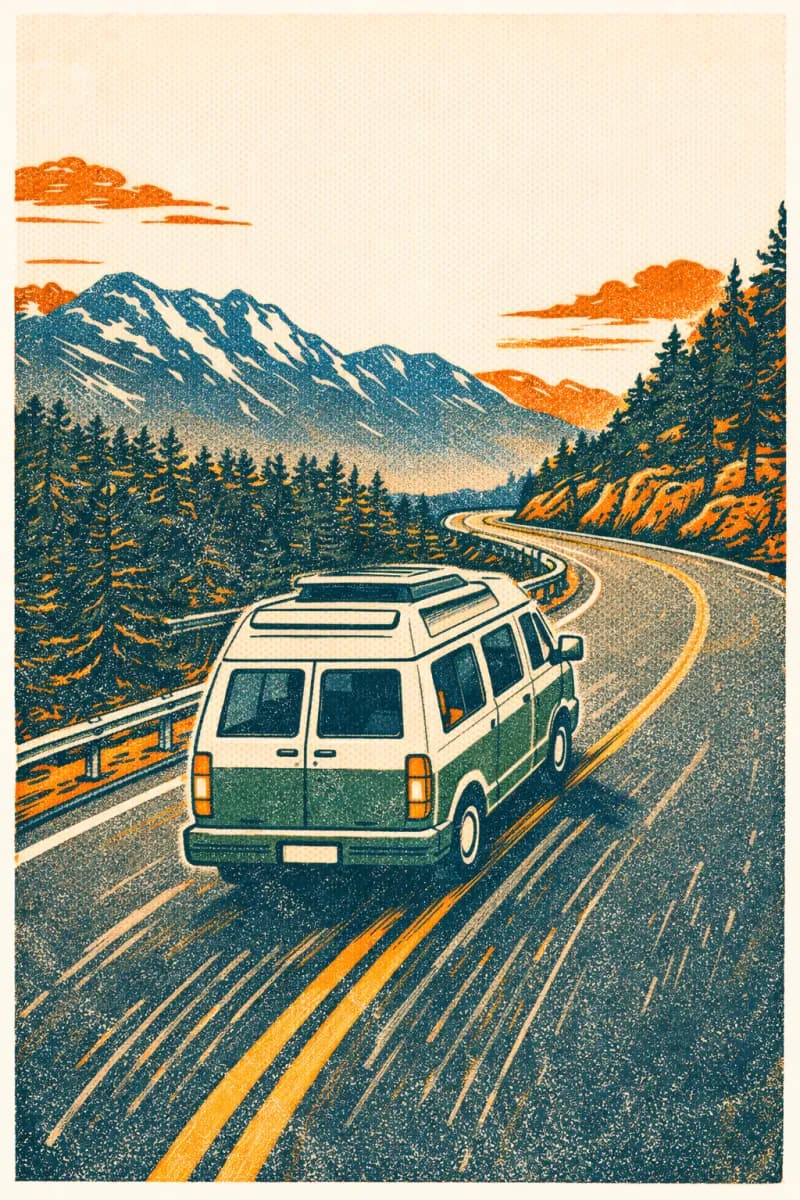 Van parked at a desert campfire under the stars